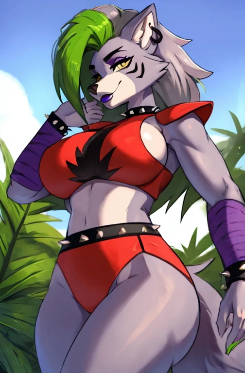 fnafroxanne, furry female, body fur, makeup, wolf ears, wolf tail, crop top, big breasts, purple lipstick, collar, spikes, jewelry, ear piercing, bracelet, yellow eyes, detailed eyes, 3DMM, gray hair, green hair, make sure to look for a roxanne model, naked boobs, naked girl, big boobs, sexy, sex, fup, fuping, cum, cuming