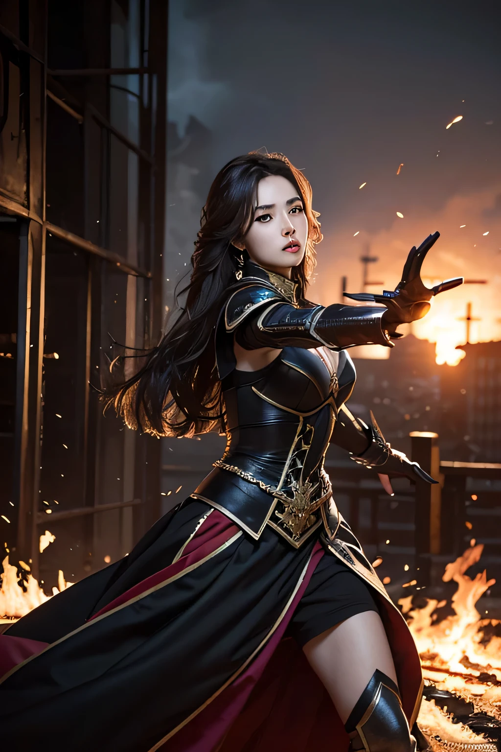 (highest quality,8K,masterpiece),
dynamic shot,queen in battle uniform,Pose with movement,dynamic pose,
perfect face,realistic skin,perfect hands,
big breasts,
black armor,Detailed details,intricate details,
professional lighting,
Inside a burning building,