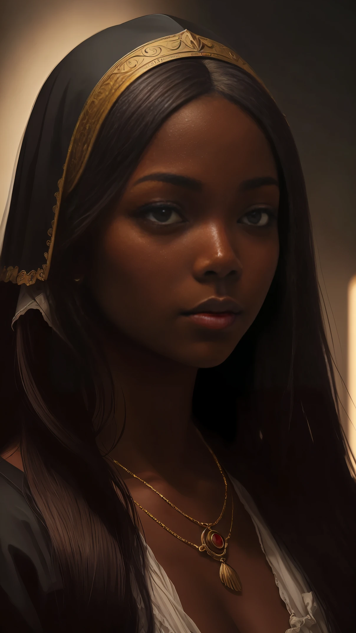 oil painting by Leonardo da Vinci, realistic portrait, closeup face of Gabrielle Union with dark skin, long hair, her eyes are sweet and vibrant, her face symmetrical, rich coffee brown skin, soft torch luminosity on the face by REMBRADT, Adobe Illustration, Trending on Artstation, 8K, hd, cinematic, masterpiece, magnificent art, best quality, romanticism Renaissance period 