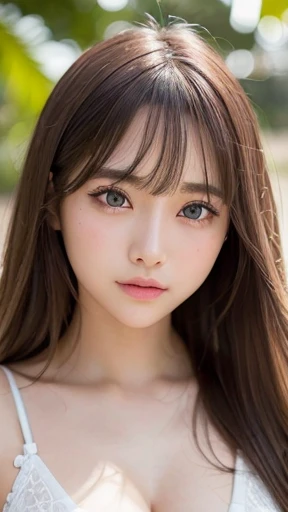 masterpiece, best quality, ultra-detailed, a cute girl, 1girl, solo, beautiful eyes, smile, lens flare, Raw photo、1 girl、Japanese 17 year old beautiful girl、summer、((brown hair))、((Big eyes that shine like jewels))、Glossy and glossy skin、(medium long hair)、eyeliner、beautiful bangs、hair between eyes、((masterpiece、最high quality、super detailed、intricate details、High resolution、very detailed))、detailed background、8KUHD、high quality、hanging eye makeup、(((small tits)))、(((Bust A cup)))、(((Clothes)))、swimsuit、seaside、strong sunlight