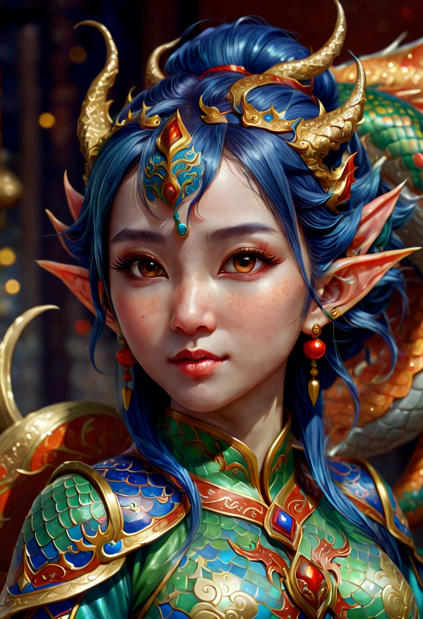 a Beautiful Elf, a detailed painting by Lü Ji, featured on deviantart, cloisonnism, 2d game art, detailed painting, new year style, eastern dragon, octane render, (best quality, masterpiece, Representative work, official art, Professional, 8k:1.3)