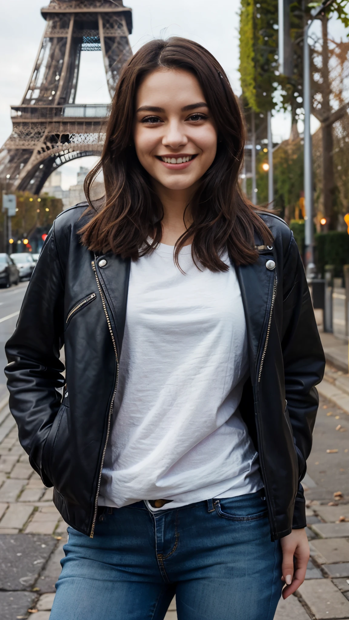 An student, clad in jeans and a leather jacket, stands in the cool romantic winter weather, Eiffel Tower in background, (beautiful face), detailed, smiling face, (actractive eyes), human hand, HDR, realistic, photorealistic, smiling 