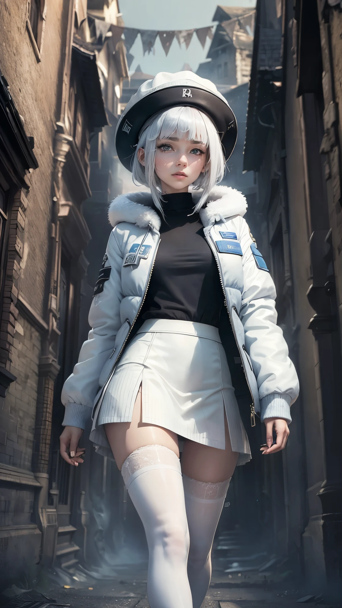 1 girl, short hairs, ((white jacket, fur Jacket)), black skirt, white stockings, ((white hairs with blue highlights))), looking at viewer, walking towards viewer, front view, hat, cracks, broken wall, moon