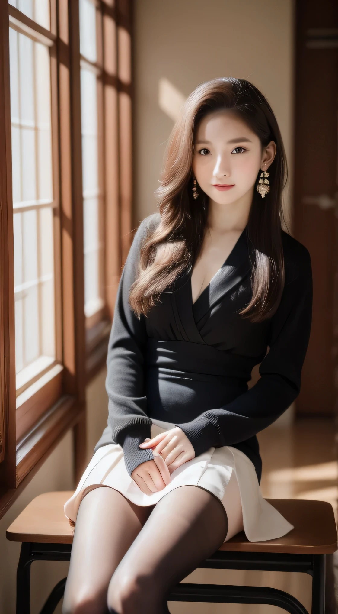 Beautiful young Margaret Quilly, 14 years old, white complexion, eye glass, Large earrings, Small dress, Dark tights, High Balance, midday sunlight, Hyperrealistic, Model body, Small breasts, Beautiful breasts, Long hair , Straight hair, Red-headed hair, Long legs, 8K, 超高分辨率, Best quality, Classroom, Korean language school, Portrait primitive, cherry blossom, Ambient lighting, Detailed shadows, The camera  focused on the thigh, Sexy pose, Sitting on the school chair, Legs spread