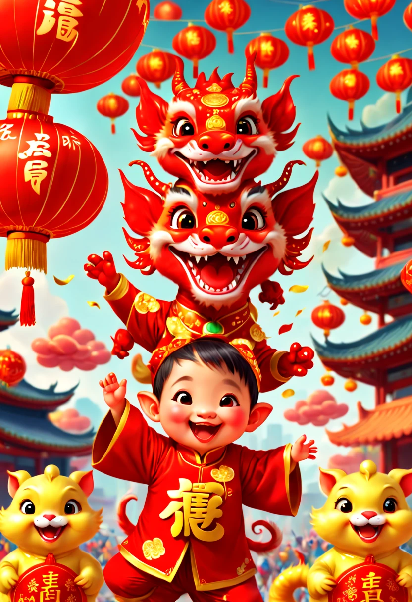 text "China", Chinese New Year "2024", dragon cub mascot, red clothes, Chinese bowing, spit out many golds, red envelopes, fireworks, confetti, strong festive atmosphere, Chinese elements, panoramic view, Ultra high saturation, (best quality, masterpiece, Representative work, official art, Professional, 8k)