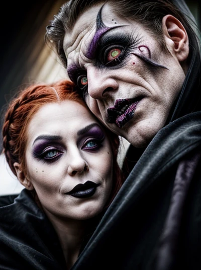 a couple cosplaying as horror villains, with extremely detailed costumes and makeup, in high resolution and high saturation. The woman has beautiful detailed eyes and lips, while the man has a sinister expression. They are wearing intricate costumes with dark and eerie designs. The woman's costume is inspired by a witch, with a pointed hat, flowing black robes, and a staff. The man is dressed as a vampire, wearing a black velvet cape, fangs, and pale makeup. They are posing against a dimly lit, Gothic backdrop, with fog swirling around them. The lighting is dramatic, casting deep shadows and highlighting the intricate details of their outfits. The color palette is dark and moody, with rich reds and deep purples. The overall image is reminiscent of a horror movie poster, with a sense of mystery and intrigue. The quality of the image is top-notch, with high resolution and clarity. The details are so fine that every stitch on their costumes and every hair on their heads can be seen. It is a masterpiece of cosplay photography, capturing the essence of horror villains with precision and artistry.