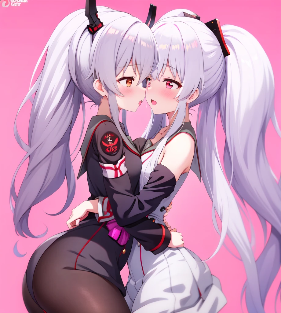 anime couple hugging each other in front of a pink background, girls frontline style, from girls frontline, girls frontline cg, girls frontline, girls frontline universe, fine details. girls frontline, two beautiful anime girls, holo, twintails, kantai collection style, kda and sam yang, anime moe artstyle, kawaai, sougetsu, in anime style