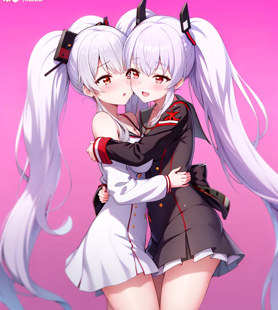 anime couple hugging each other in front of a pink background, girls frontline style, from girls frontline, girls frontline cg, girls frontline, girls frontline universe, fine details. girls frontline, two beautiful anime girls, holo, twintails, kantai collection style, kda and sam yang, anime moe artstyle, kawaai, sougetsu, in anime style