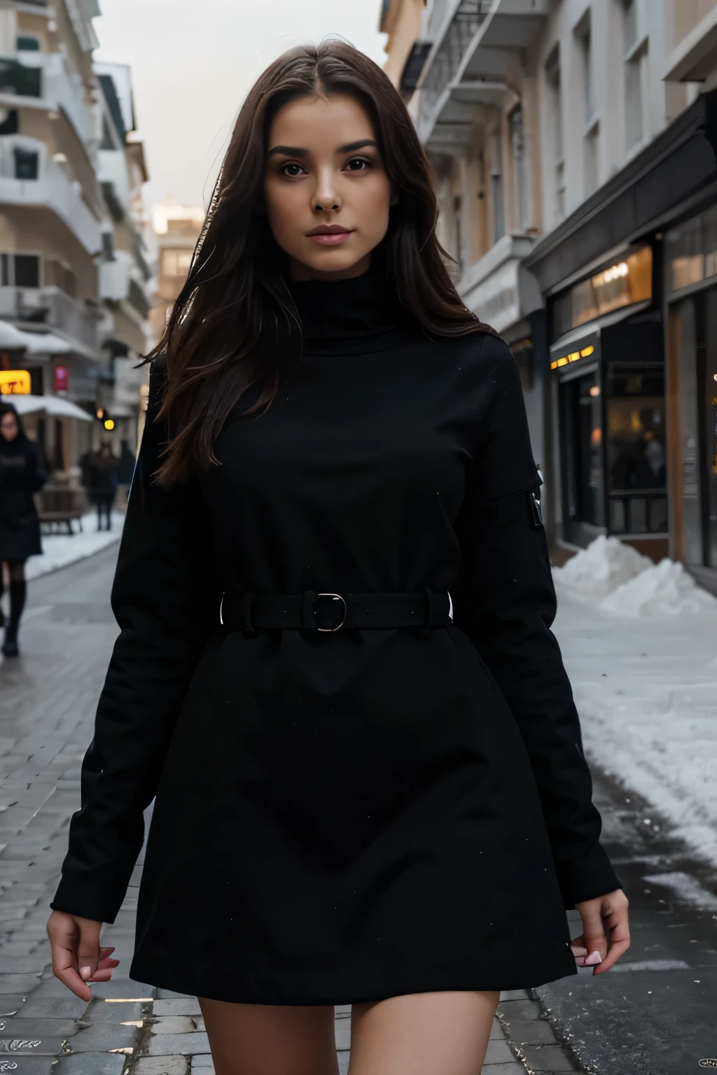 extremely high quality, realismo, female model, black winter dress