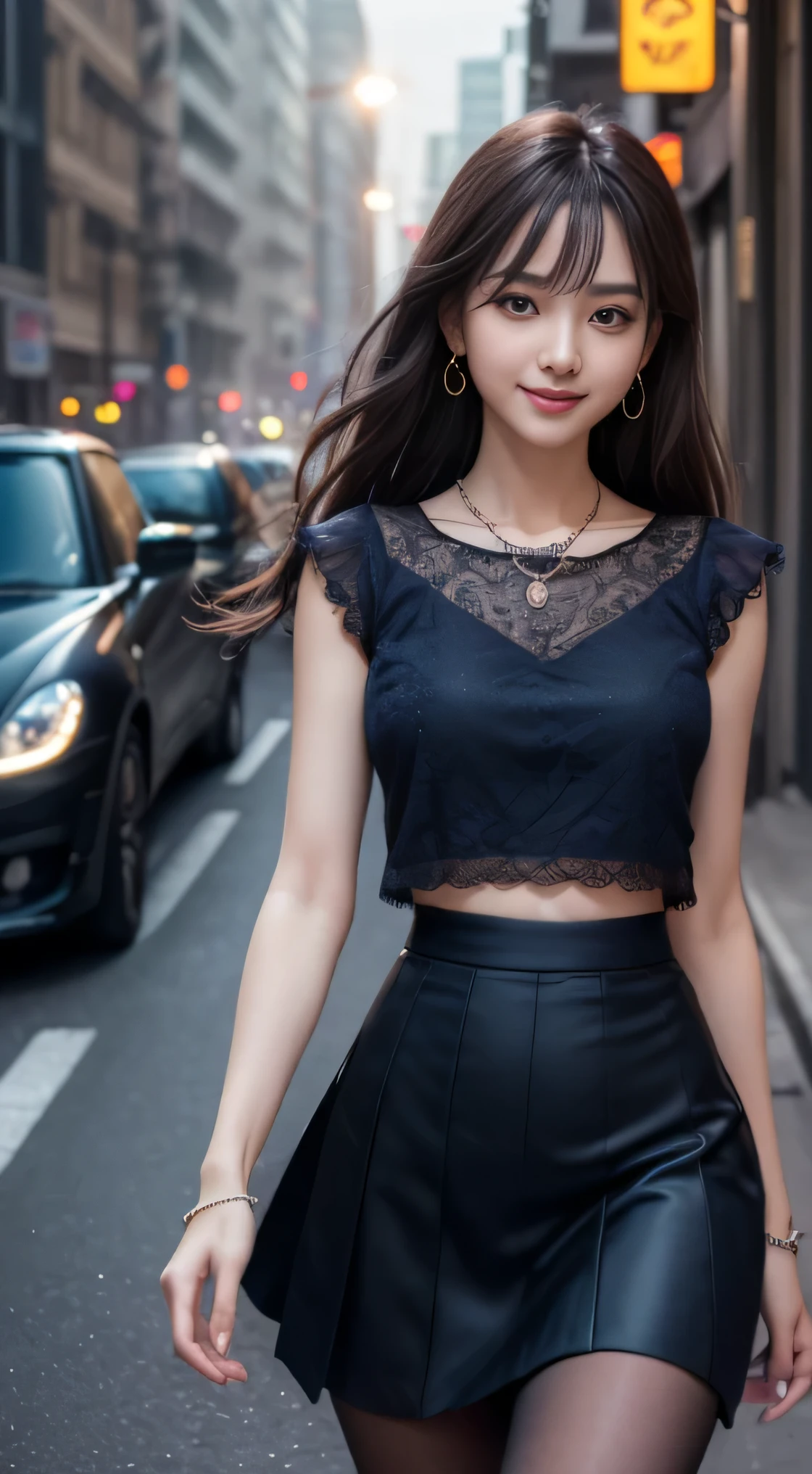 (a gorgeous young korean lady, detailed face with large expressive eyes, long eyelashes, symmetrical face, delicate features, voluptuous figure, kind smile, short bob hair, wearing black top and short skirt, standing on city street, highly detailed, 8k, masterpiece, masterful lighting, cinematic composition, photorealistic, volumetric lighting, vibrant colors, elegant, graceful, charming, bokeh, the_cowboy_shot, lonely night)
