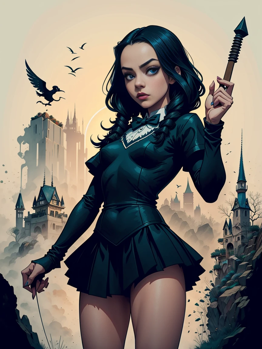 Jenna Ortega als Wednesday Addams, 2D-T-Shirt-Kunst, Gothicpunk, epische Illustration, Vektor, 2D-Illustration, Schwarzer Hintergrund, morbide, sexy, sumi-e ferroink drawing, konzentriert, Vorderansicht, von Tim Burton und Marc Silvestri, inspiriert von Walt Disney und Will Eisner