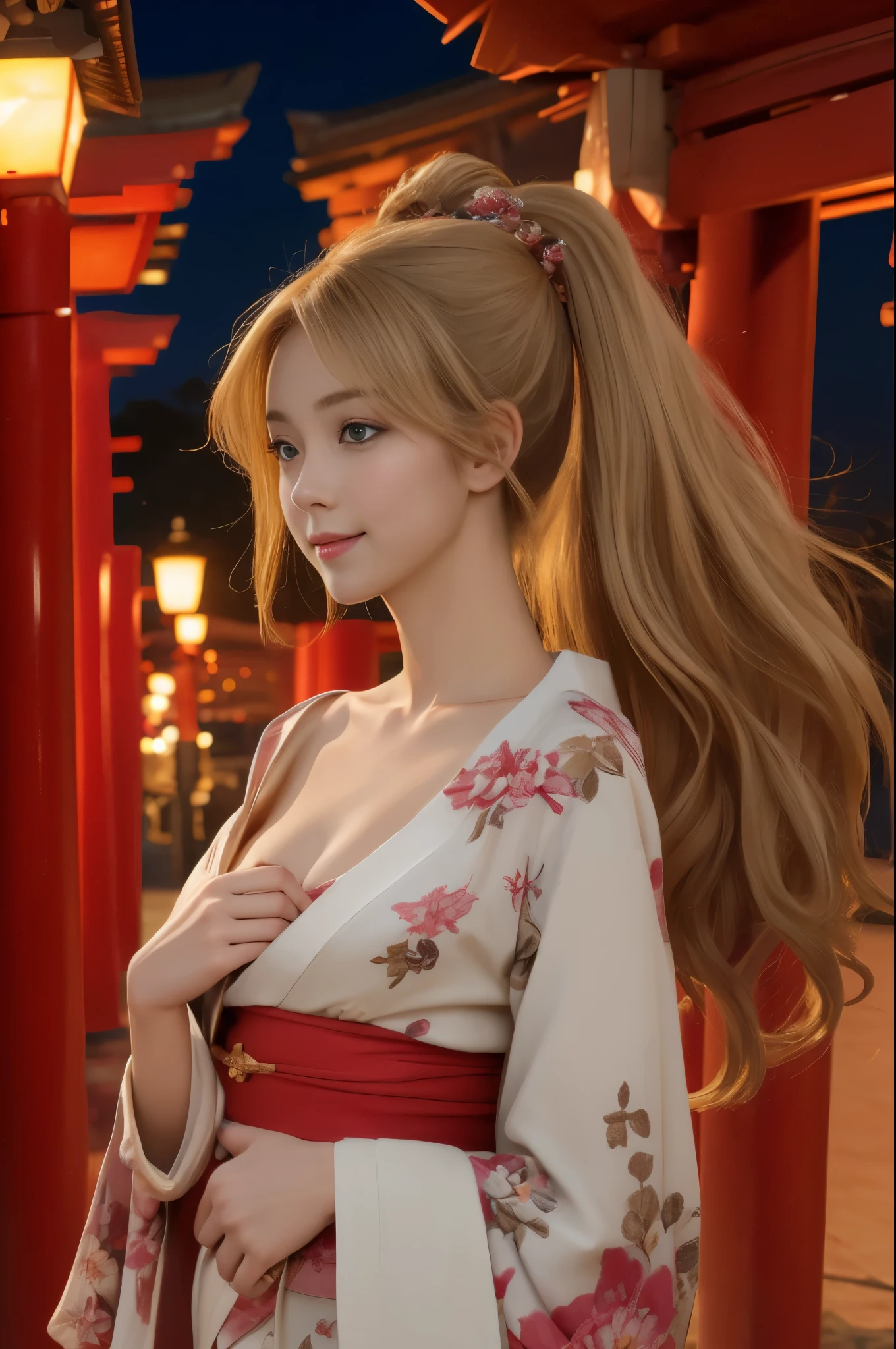 (in 8K、Raw photo、top-quality、超A high resolution、​masterpiece、various poses、1girl、clavicle：1.3)、Beautiful blonde precise and detailed two side up hairstyle、Floral kimono、deep in the night、Cute girl posing as a model、Qing々Smile、Beautiful breasts with attention to detail、Showing off her hair that flows beautifully and delicately down her chest、Looking at the camera、to stand、night temple background、Red torii gate、illuminations