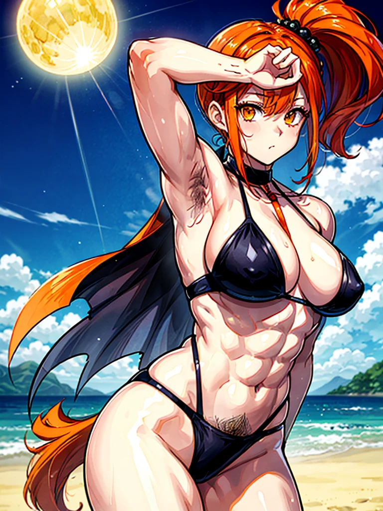(((masterpiece、Highest image quality、highest quality、highly detailed unity 8kwallpaper)))、((Illustration of one girl))、(((beautiful girl)))、((orange hair、side ponytail、sidelocks:1.4、orange eyes))、(((stocky build:1.5, thickset physique:1.6, muscular legs, broad shoulders:1.6, solid chest:1.5)))、(((Orange hair、hairy armpits:1.8)))、(armpit hair:1.4)、swimsuit、sandy beach