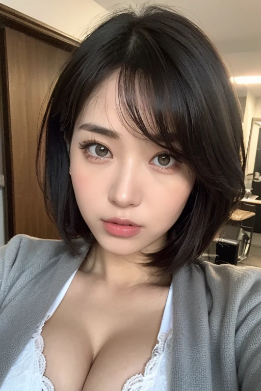 ((best quality, 8K, T Masterpiece:1.3)), sharp:1.2, beautiful woman with perfect figure:1.4, slim abs:1.2, ((layered hairstyles, huge boobs:1.3,There is a cleavage in the chest:1.2)), outside、(underwear under the coat:1.1),Highly detailed face and skin texture,detailed eyes,double eyelid,look sideways at the camera