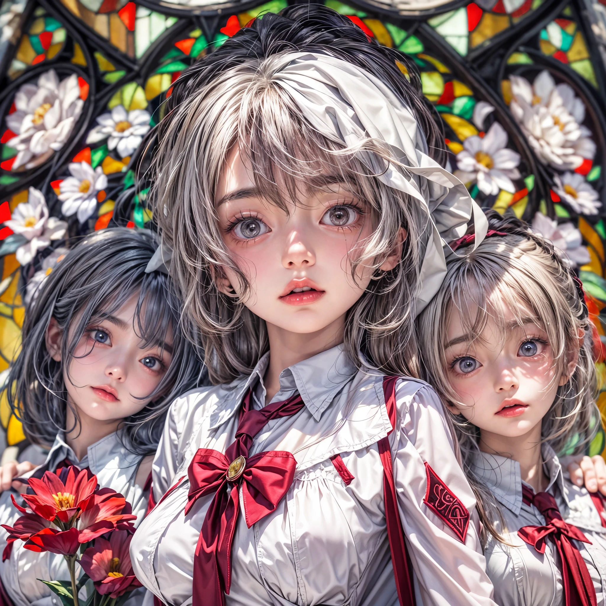 (sfw, White and Red, Acutance:0.8), Masterpiece, (((UltraRealistic and photorealistic:1.37)) with touch of rawness). A group of KAWAII girls in loose opened uniform without bra . (extremely detailed KAWAII face variations, joyful expression variations), { Navel | pretty Ass | Overflowing underboob | (White panties) with blood only in crotch area | (full of Flowers covering girl's body) | (Dazzling colorful stained glass with delicate details:1.2) } . (Exposed:0.9), ((nipple:-1)), (Unaligned fingers:-1) .