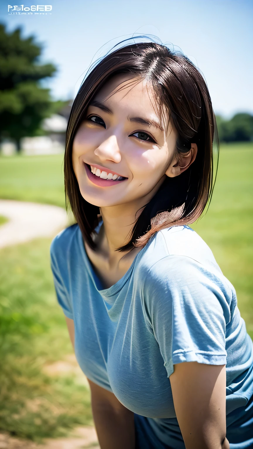 (photograph:1.2)、(realistic:1.4)、(masterpiece:1.3)、(highest quality:1.4)、ultra high resolution、(fine eyes)、(detailed facial features)、(Detailed features of clothing)、8K resolution、focus only、double eyelid、beautiful lips、toned legs、(slender girl)、(japanese girl)、(Japanese face)、1 girl、(huge boobs:1.2)、(((hair color ash、short bob)))、delicate hair、beautiful face,(leaning forward:1.3),squat,(From above:1.2),(close:1.4),throw,,look at something else,smile, loose t-shirt,big breasts,beautiful breasts,outdoor,It's windy,shiny skin,blurred background
