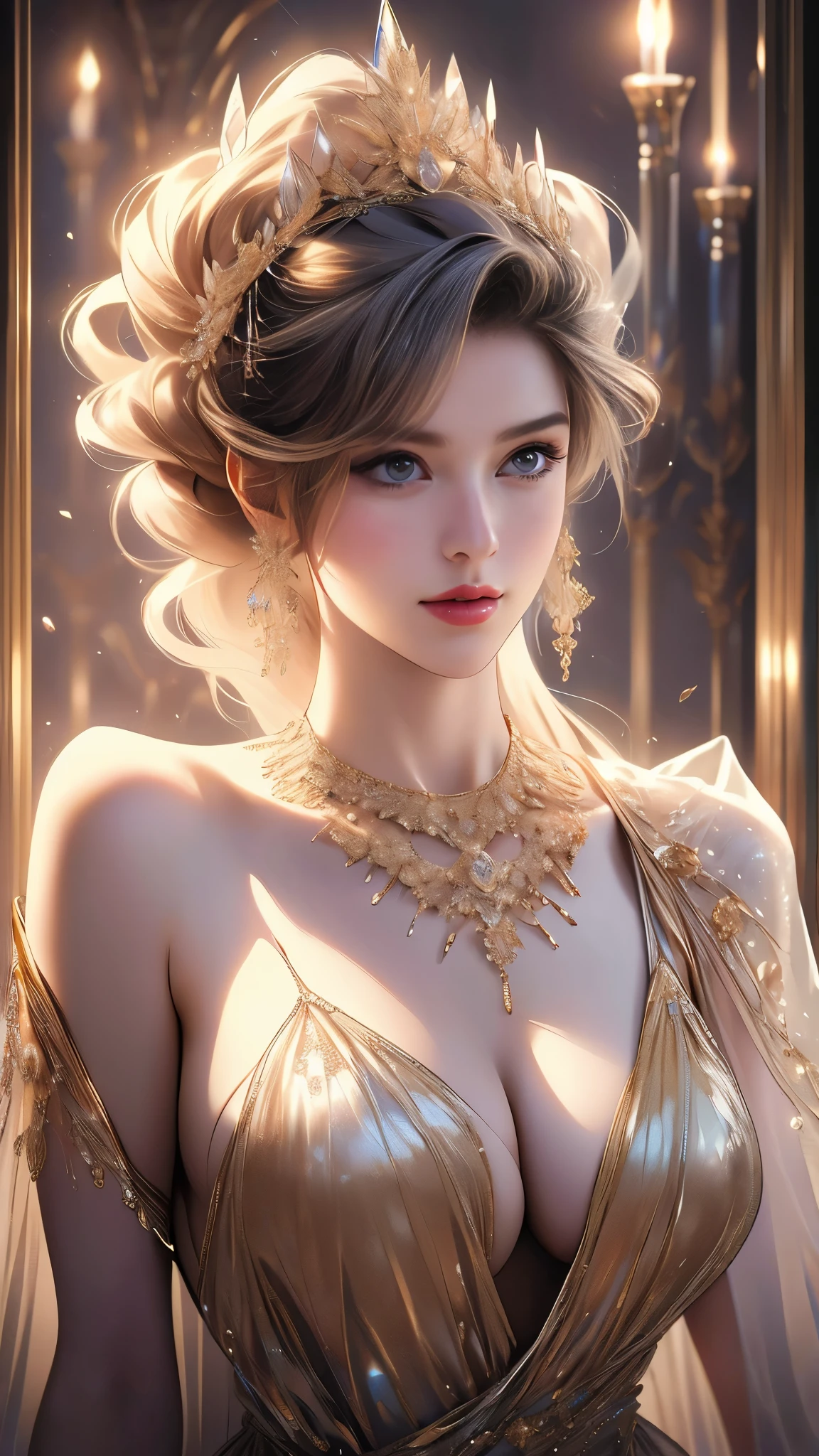(Best quality,8K,A high resolution,Masterpiece:1.2),Ultra-detailed,(Realistic,Photorealistic,photo-realistic:1.37),Portrait,Creative style artwork,Historical,classical,Sophisticated,plethora of colors,Highly detailed,Soft lighting,luxurious environment,Delicate fairy flowing dress,Vibrant flowers,detailed jewellery,Ethereal atmosphere,Elegant Pose,Graceful curves,Gold body proportionlowing hair,Breathtaking textile patterns,Clear shiny purple eyes,Delicate floral decoration,(Beautiful large breasts)A dazzling array of crystal diamond fittings,Mysterious and dreamy atmosphere,Impeccable attention to detail.