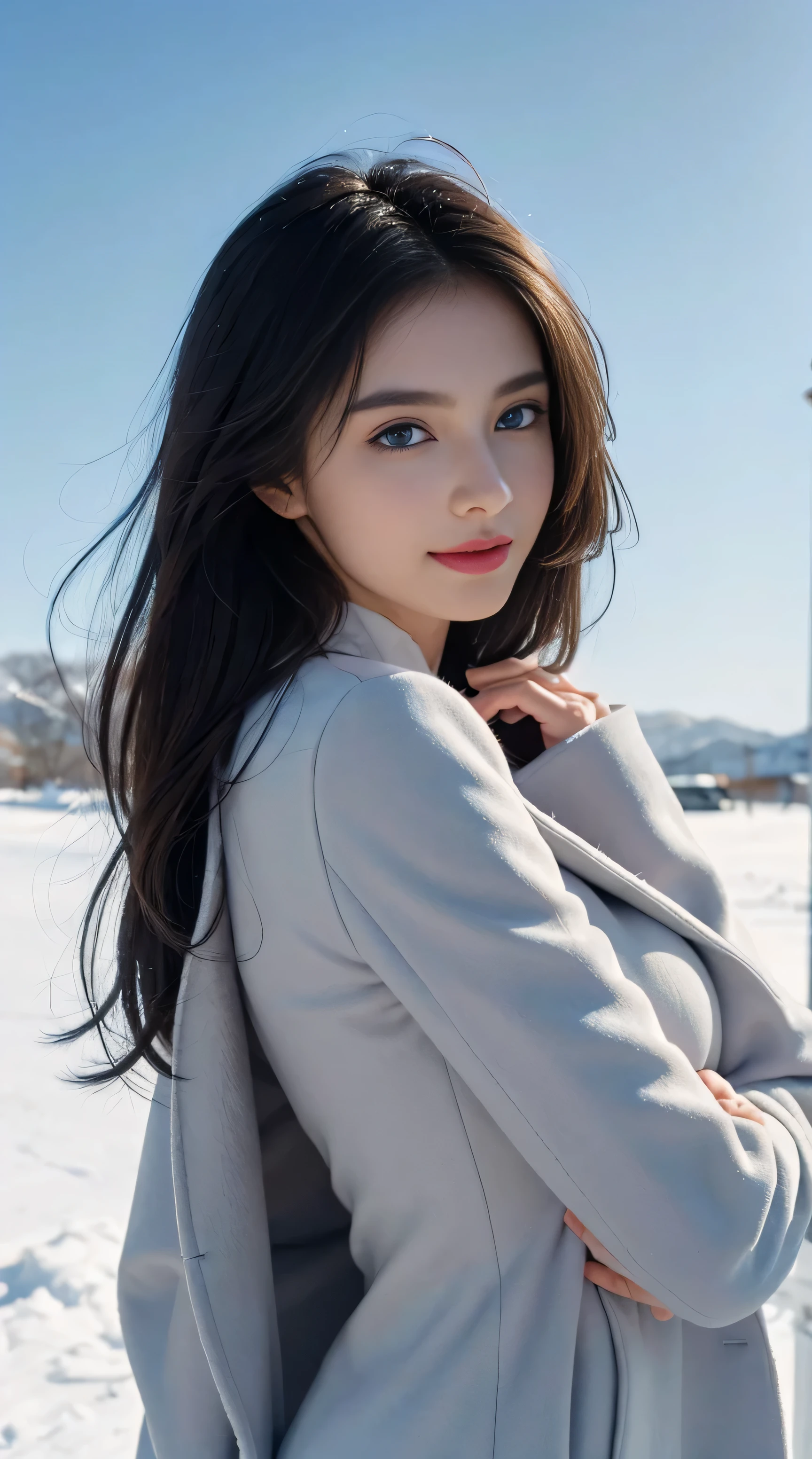 8K, Top Quality, Intricate Details, Ultra Detail, Ultra High Resolution, Masterpiece, random angle,  Slender, Smile, (Makeup: 0.4), (Fluffy Blue Eyes: 1.21), blue Eyes, looking at viewer, ((full body)), 1girl, solo, 1 girl, (( full body)), close up shot, , ((tall)), (((fit body))), (((slim face))), sharp face, sharp eyelack hair, long hair, )) , (detailed face), sharp face, small lips, holding pistol, handgun,
 (( )), ((, coat, )),  detailed face, detailed breast, , large breast, detail ass, , Beautiful girl with accentuated slender abs: 1.4, Six Pack Abs: 1.4, Bust Botox, Big, Perfect Body, detail leoonlight)), in the snow