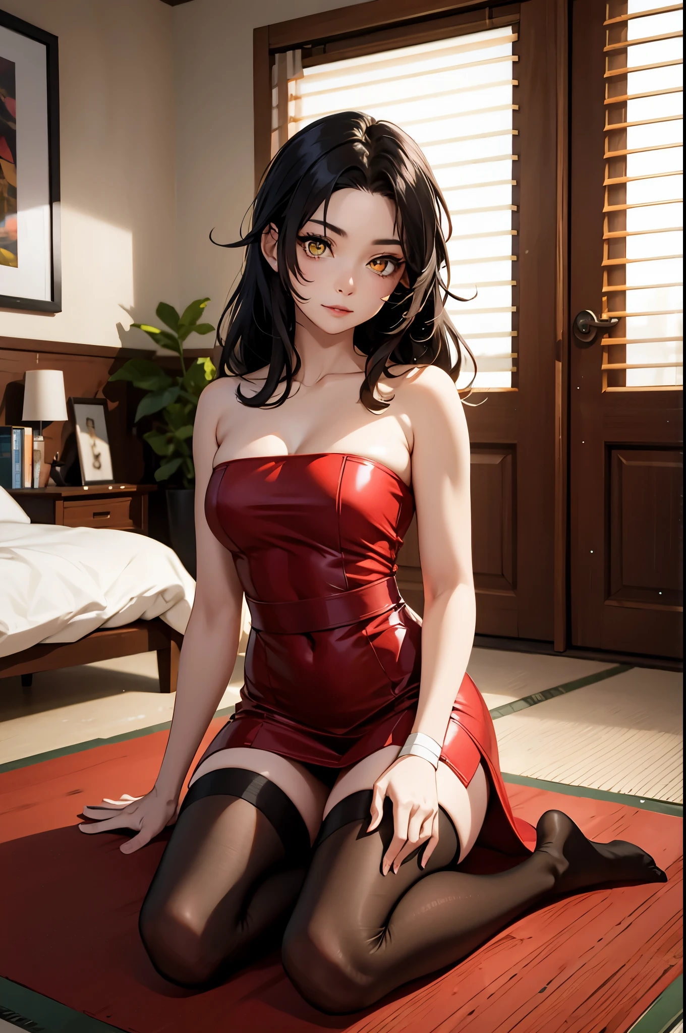 (Amber eyes:1.3),black pupils,nar_red_sunset,forehead protection,bandage,,Variza,HD quality,strapless dress stockings,Room里面,Room