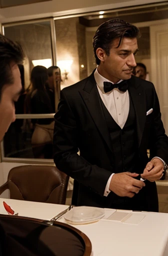 un hombre sex-symbol italiano muy elegante que seduce mujeres, He is 45 years old and a businessman at a party with friends