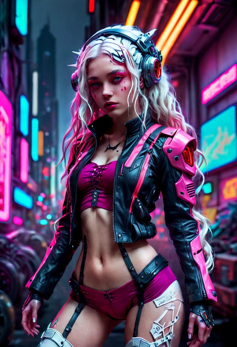 a Beautiful Elf, Highly detailed, ultra-high resolution, RAW photo, goddess, cyberpunk, Technological background, Surrealism, Fantastical verisimilitude, fantastical creation, thriller color scheme, surrealism, abstract, psychedelic, intricate details, long hair, white hair, headgear, wavy_hair, messy_hair, ankle lace-up, short boots, white boots, leather jacket, short jacket, red jacket, (neon, cyborg), (complex_clothes), (clothing cutout), pink machinery, pink Mecha, science fiction, octane render, (best quality, masterpiece, Representative work, official art, Professional, 8k:1.3)