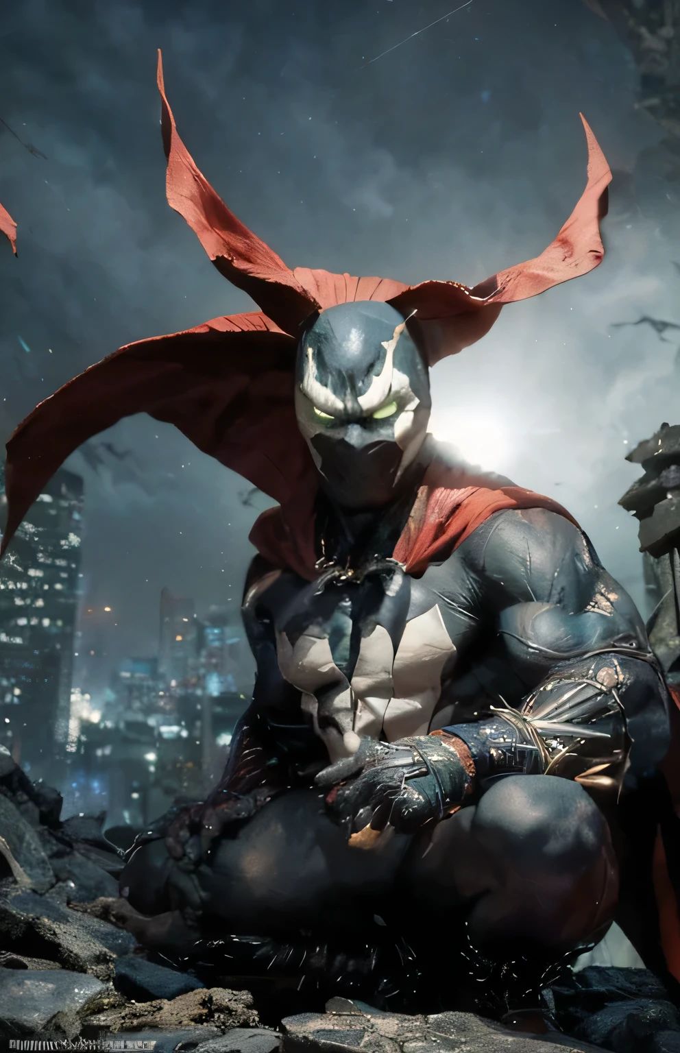 Generate an epic 8k resolution cover featuring a superheroic pose resembling Todd McFarlane's Spawn. Emphasize a dynamic and powerful stance, capturing the essence of Spawn's iconic presence. Use cinematic lighting to enhance the details of the character's costume and muscular physique. The overall atmosphere should exude a sense of dark heroism. Ensure a high level of detail, realistic texture, and vibrant colors to create a visually striking and iconic image inspired by Ryan Stegman, Ashley Wood, menacing look, epic portrait of menacing, style of raymond swanland, artgerm detailed, artgerm comic, red cape billowing, batman style, cape flapping, large red cape, crouching pose