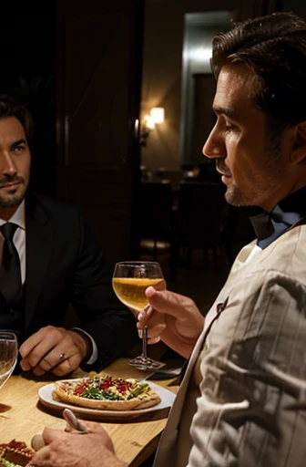 un hombre sex-symbol italiano muy elegante que seduce mujeres, He is 45 years old and a businessman having dinner at a party with friends