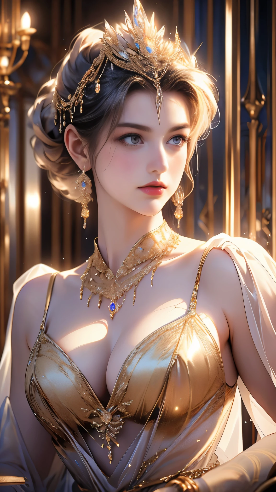 (Best quality,8K,A high resolution,Masterpiece:1.2),Ultra-detailed,(Realistic,Photorealistic,photo-realistic:1.37),Portrait,Creative style artwork,Historical,classical,Sophisticated,plethora of colors,Highly detailed,Soft lighting,luxurious environment,Delicate fairy flowing dress,Vibrant flowers,detailed jewellery,Ethereal atmosphere,Elegant Pose,Graceful curves,Gold body proportionlowing hair,Breathtaking textile patterns,Clear shiny purple eyes,Delicate floral decoration,(Beautiful large breasts)A dazzling array of crystal diamond fittings,Mysterious and dreamy atmosphere,Impeccable attention to detail.