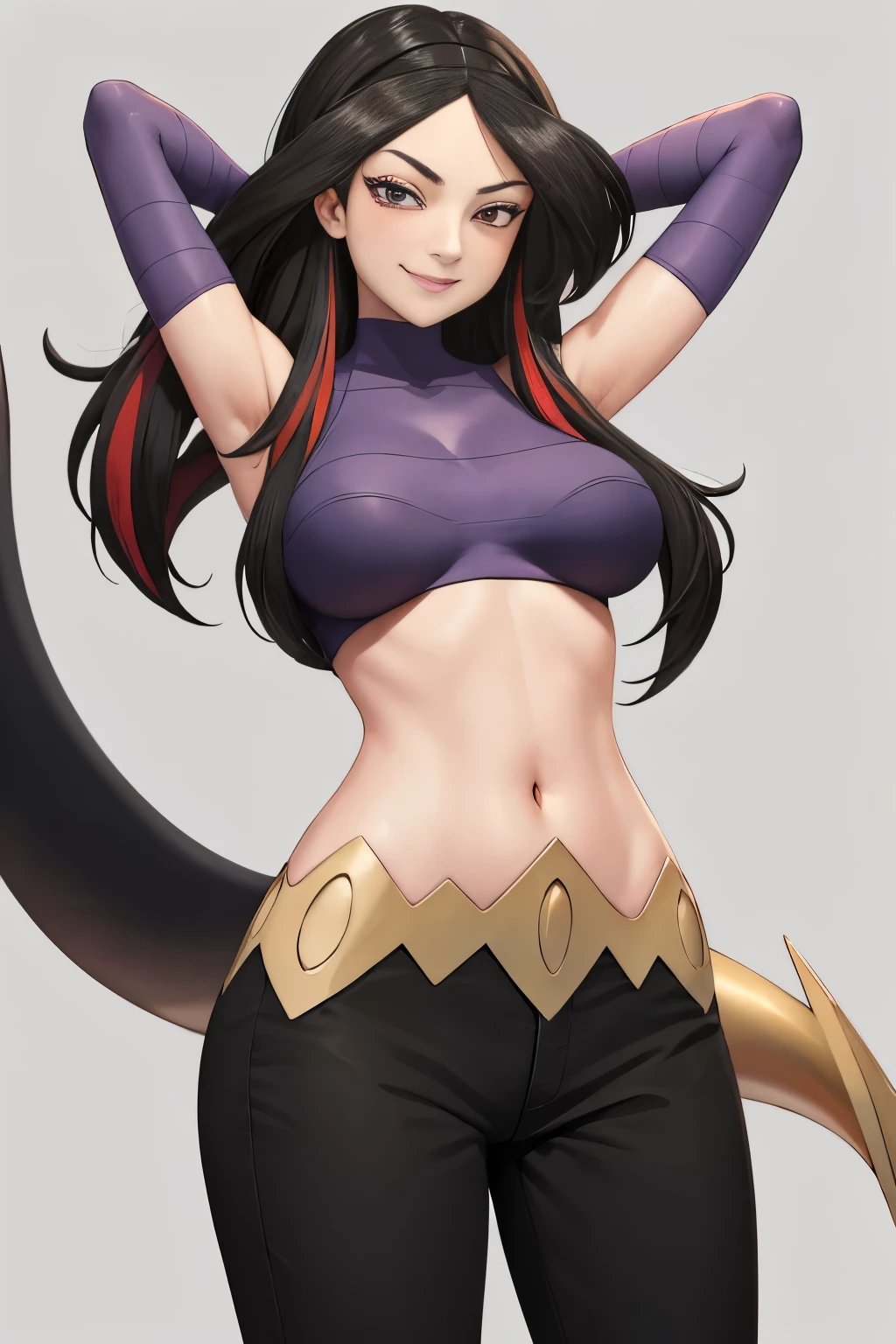 masterpiece, best quality, absurdres, lucy \(pokemon\),1girl, solo, standing, arms behind head, looking at viewer, smile, low rise pants, tight top, large breasts, braless