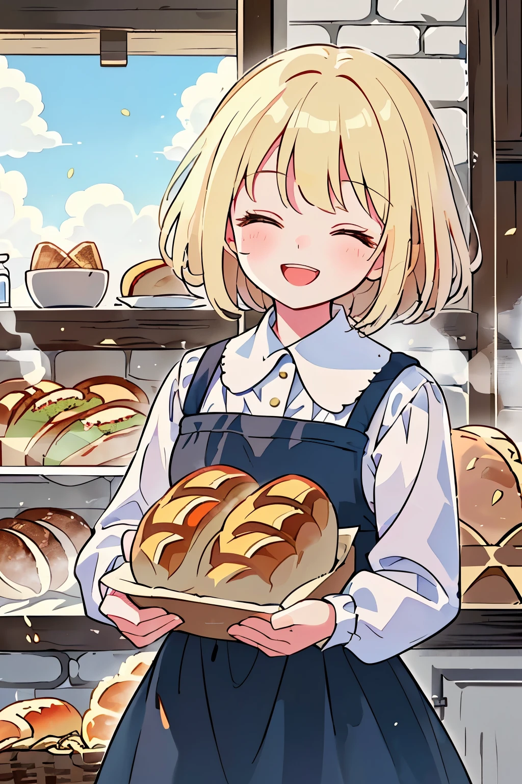 Chibi,cute,girl,(Rural atmosphere:1.1),(European medieval atmosphere:1.1),(A large brick kettle:1.2),(A room filled with lots of bread:1.4),(A large amount of bread that seems to be crushed by bread:1.5),Bread,French bread,Croissant,Chococolone,pizza,(He closes his eyes and offers the bread with a happy smile on his face.:1.4),blush,(soft and gentle sunlight:1.2),(Town girl style clothes:1.25),(smiling with open mouth:1.3),(close up of face:1.2),(The bread is freshly made and steam is coming out.:1.2),