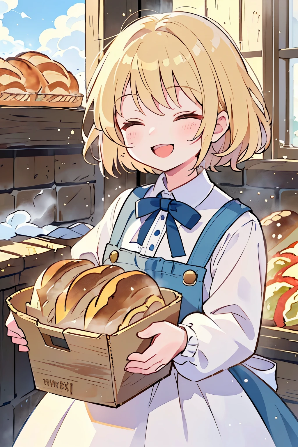 Chibi,cute,girl,(Rural atmosphere:1.1),(European medieval atmosphere:1.1),(A large brick kettle:1.2),(A room filled with lots of bread:1.4),(A large amount of bread that seems to be crushed by bread:1.5),Bread,French bread,Croissant,Chococolone,pizza,(He closes his eyes and offers the bread with a happy smile on his face.:1.4),blush,(soft and gentle sunlight:1.2),(Town girl style clothes:1.25),(smiling with open mouth:1.3),(close up of face:1.2),(The bread is freshly made and steam is coming out.:1.2),