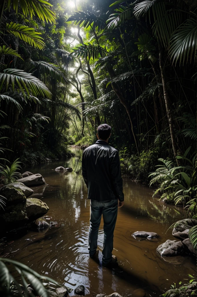 thriller movie poster: a man with his back turned worried watching how his car was left in the middle of a stream in a jungle. dramatic lighting