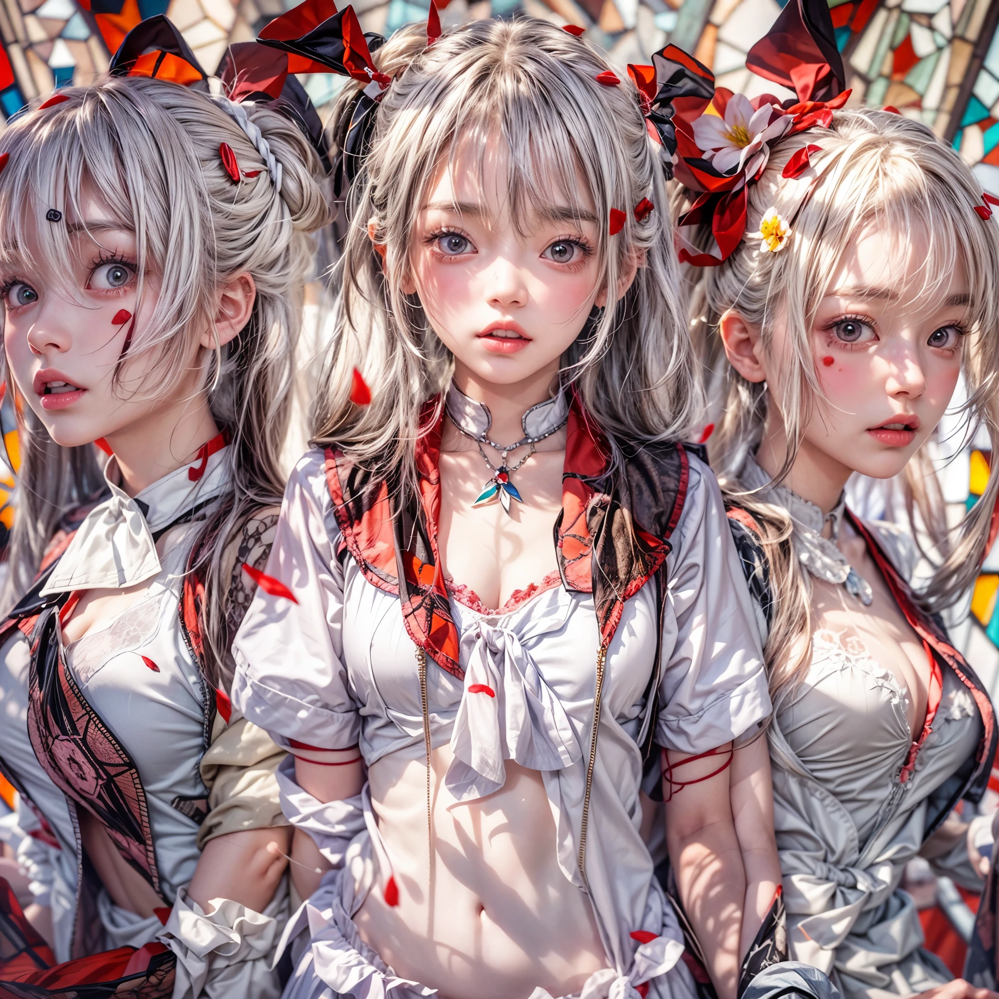 (White and Red, Acutance:0.8), Masterpiece, (physically-based rendering with ultra-detailed, (realistic and (photorealistic:1.37) with touch of rawness)). A group of KAWAII girls in opened school uniform without brassiere . ((extremely detailed KAWAII face variations) with joyful expressions), { Navel | pretty Ass | Overflowing underboob | (White panties) with blood only in crotch area | (full of Flowers covering girl's body) | (Dazzling colorful stained glass with delicate details:1.2) } . (Exposed:1.2), ((nipple:-0.9)), (not Detailed fingers:-0.9) .