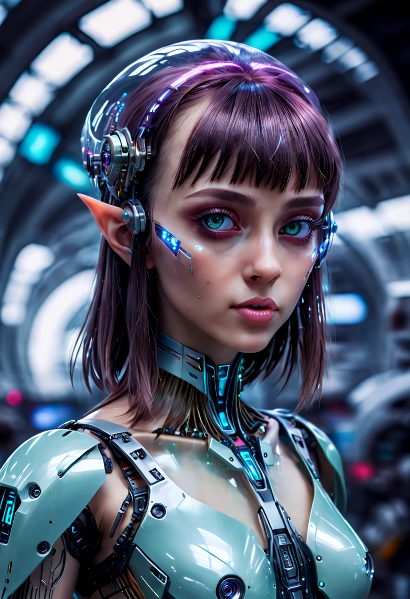 cyberpunk elf,highly detailed, 1girl, beautiful detailed eyes, beautiful detailed lips, extremely detailed face and features, intricate cyberpunk armor, glowing neon lights, advanced technology, futuristic cityscape, dramatic lighting, cinematic composition, vibrant colors, neon, glowing, hyper-detailed, photorealistic, full body shot