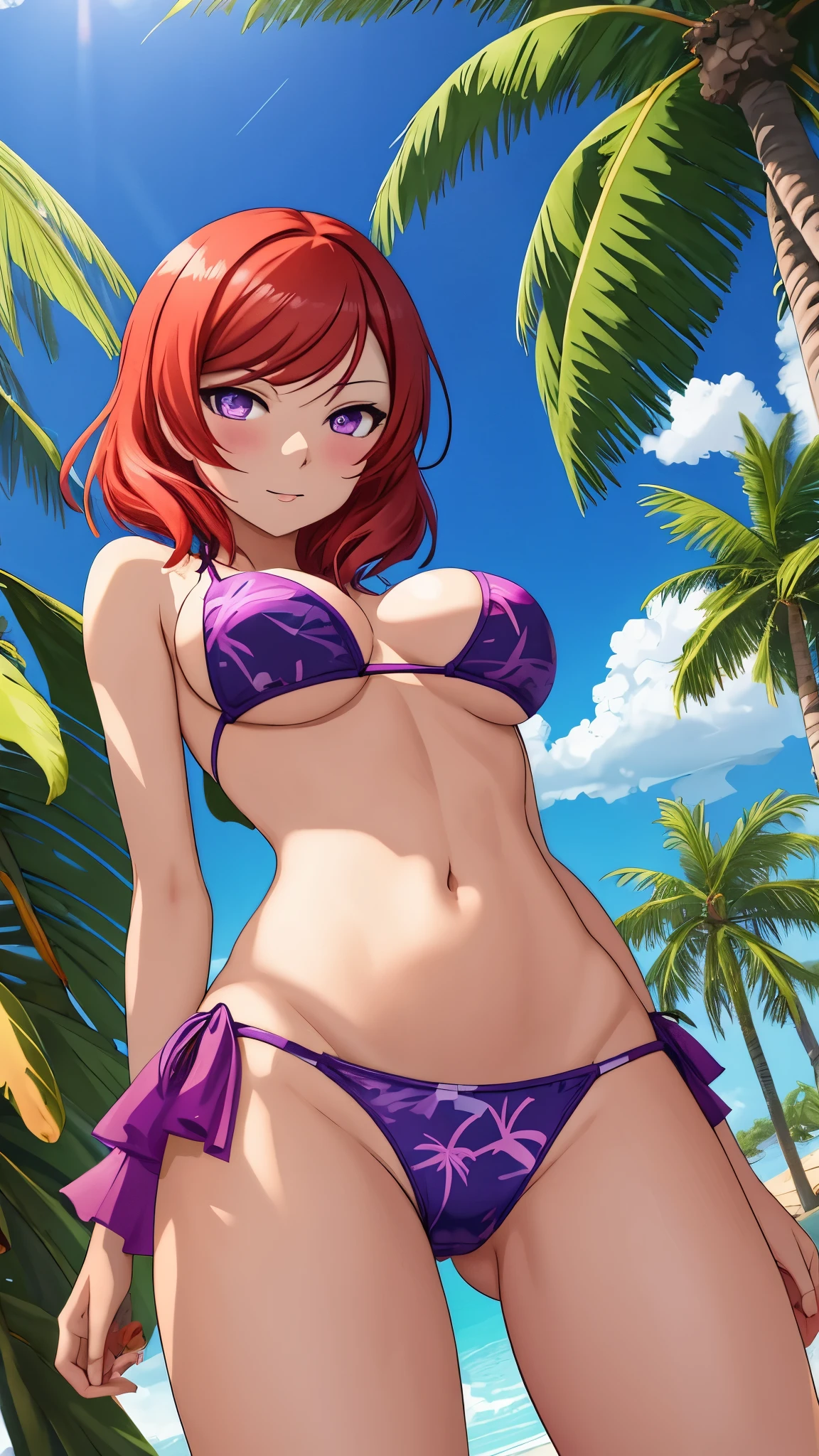 masterpiece, best quality, nishikino maki, purple eyes, (palm tree:1.000), (breasts:0.992), (tree:0.981), (sky:0.980), (day:0.973), (plant:0.969), (solo:0.966), (swimsuit:0.960), (from below:0.936), (bikini:0.913), (outdoors:0.913), (looking at viewer:0.880), (blue bikini:0.877), (cloud:0.799), (navel:0.791), (underboob:0.751), (medium breasts:0.704), (sunlight:0.657), (blush:0.635), (cowboy shot:0.566), (stomach:0.535), (thighs:0.508), Pussy