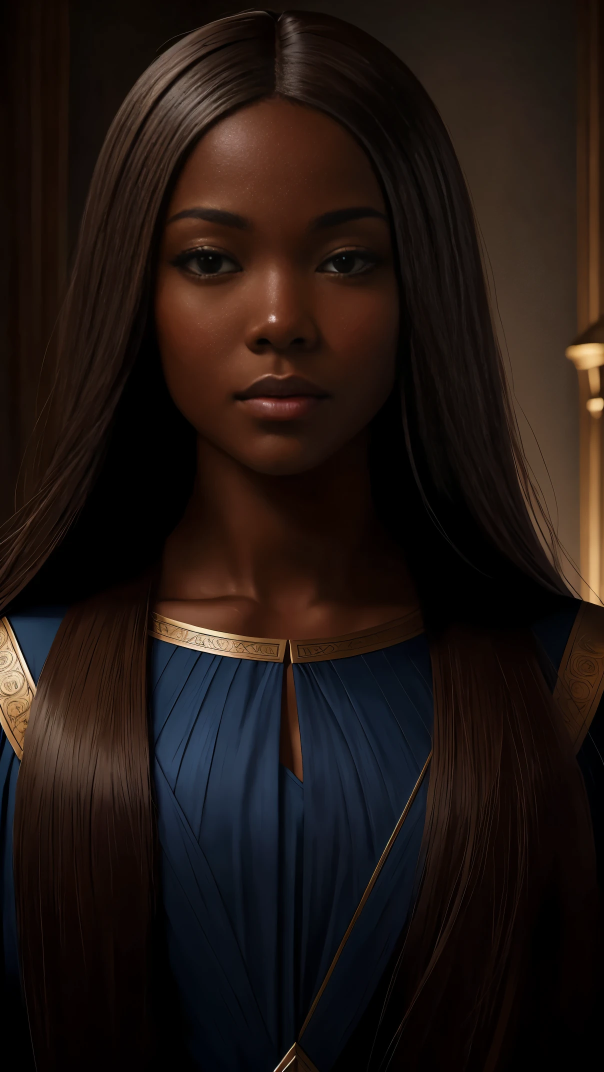 oil painting by Leonardo da Vinci, realistic portrait, closeup face of Gabrielle Union with dark skin, ebony nose, long hair, her eyes are sweet and vibrant, her face symmetrical, rich coffee brown skin, soft torch luminosity on the face by REMBRADT, Adobe Illustration, Trending on Artstation, 8K, hd, cinematic, masterpiece, magnificent art, best quality, romanticism Renaissance period 