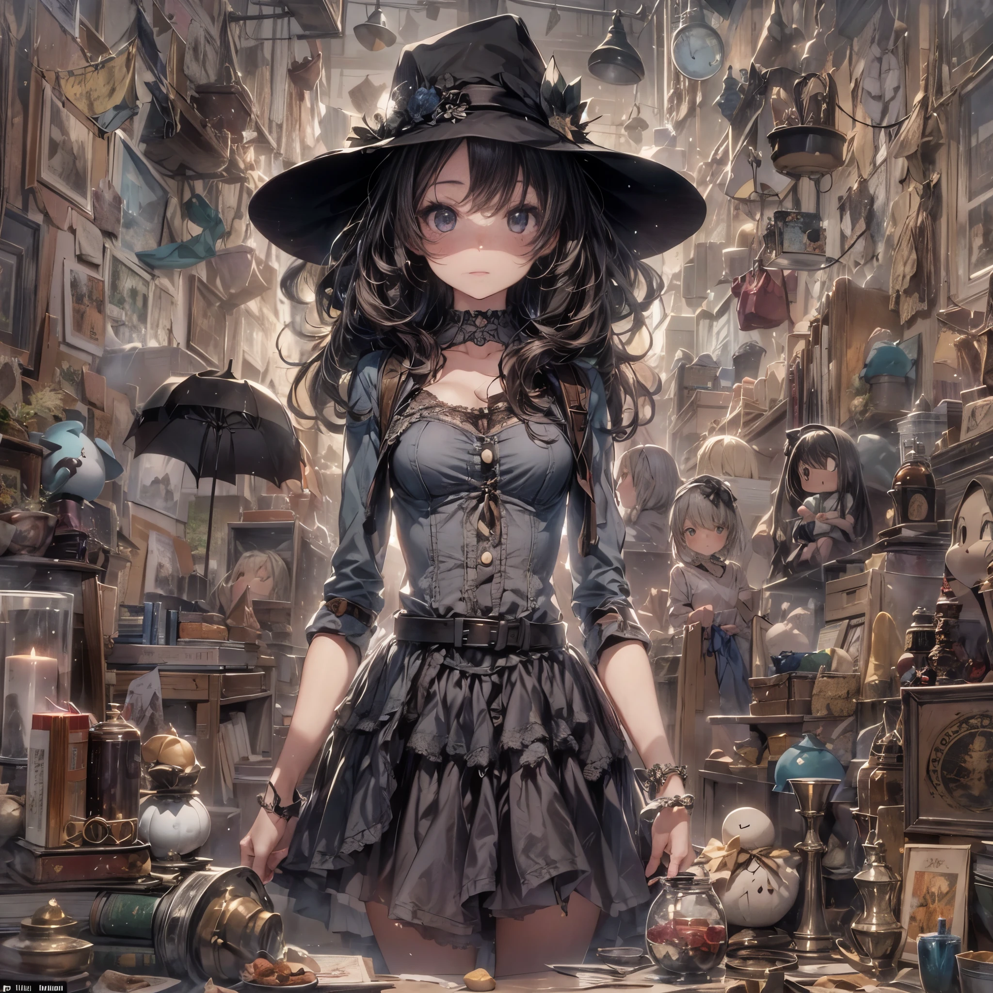 Base Layer: A room scattered with dark, girlish cute hobbies, resembling an overturned toy box, BREAK
Middle Layer: A girl portrayed with an aura of mystery, surrounded by gothic dolls, vintage books, and occult paraphernalia, BREAK
Foreground Layer: Mysterious accessories, hats, and objects emphasizing the girl's enigmatic beauty, BREAK
Effect Layer: Focus on intricate details of the items and the girl, capturing the complexity and depth, BREAK
Final Touches: A deep focus screen effect, seamlessly blending the foreground and background, encapsulating the room's eerie yet captivating essence.