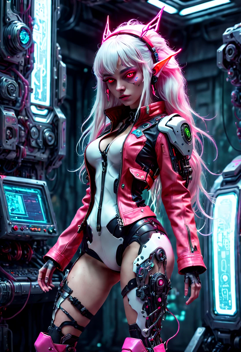 a Beautiful Elf, Elf ear, Highly detailed, ultra-high resolution, RAW photo, goddess, cyberpunk, Technological background, Surrealism, Fantastical verisimilitude, fantastical creation, thriller color scheme, surrealism, abstract, psychedelic, intricate details, long hair, white hair, headgear, wavy_hair, messy_hair, ankle lace-up, short boots, white boots, leather jacket, short jacket, red jacket, (neon, cyborg), (complex_clothes), (clothing cutout), pink machinery, pink Mecha, science fiction, octane render, (best quality, masterpiece, Representative work, official art, Professional, 8k:1.3)