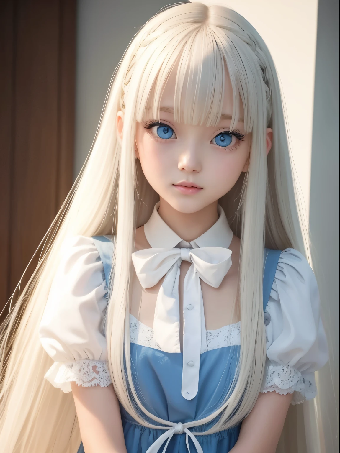 bright look、photorealism、highest quality、Super high resolution、picture、Photo of an exquisitely beautiful Scandinavian girl、extraordinary beautiful girl、cute and beautiful face details、(Pueros face_v1:0.008)、beautiful bangs、alice in wonderland、18-year-old、Shining white skin、hair run that extends to the face、bangs between the eyes、super long hair、Attractive light and dark platinum blonde super long straight silky hair、thin hair、Charming shining beautiful bright clear light blue big eyes、white apron、yellow dress、eyeliner、double eyelid、rich bust