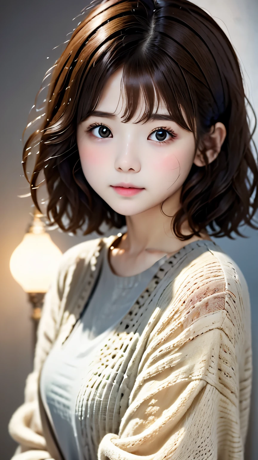 portrait、masterpiece:1.3、one girl、Upper body、Upper body、baby face、natural look、very cute、brown hair、fine eyes、short bangs、short bob、plump lips、no makeup、Luxury shirt with lace、black shirt、最high quality、High resolution、Super detailed、high quality、Detailed details、８ｋ、(((blurred background、gray walls、gray background、White world、studio:1.5、cinematic lighting、professional photographer)))