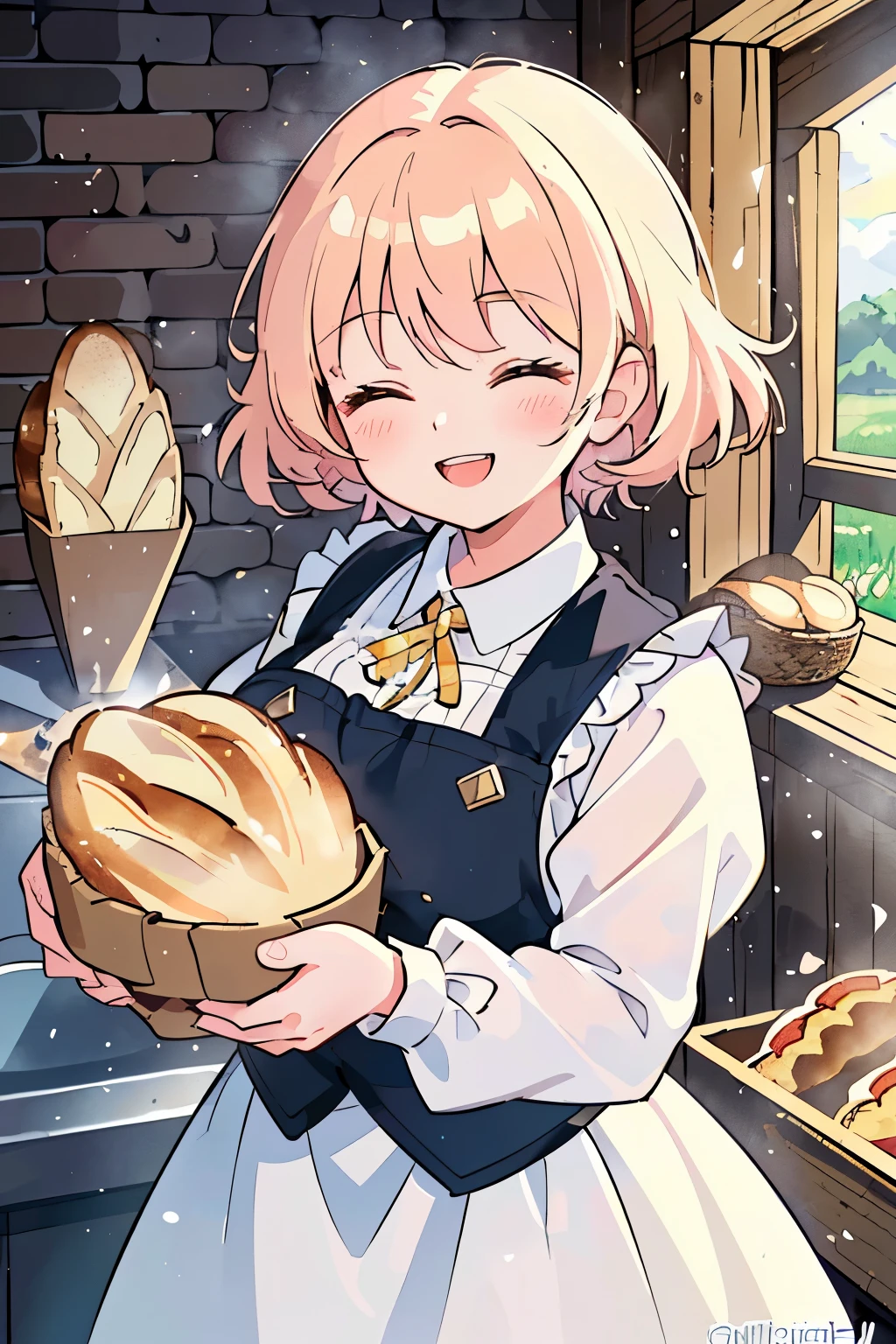 Chibi,cute,girl,(Rural atmosphere:1.1),(European medieval atmosphere:1.1),(A large brick kettle:1.2),(A room filled with lots of bread:1.4),(A large amount of bread that seems to be crushed by bread:1.5),Bread,French bread,Croissant,Chococolone,pizza,(He closes his eyes and offers the bread with a happy smile on his face.:1.4),blush,(soft and gentle sunlight:1.2),(Town girl style clothes:1.25),(smiling with open mouth:1.3),(close up of face:1.2),(The bread is freshly made and steam is coming out.:1.2),(protruding breasts:1.3),(big breasts),