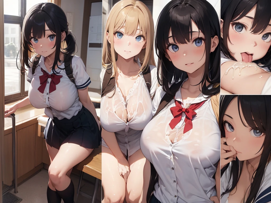 (((Ultra absurdres))), (collage:1.5), (various school scenes), (various angle), (ultra-quality), (in 8K), ultla highres, Hyper Detailed, High contrast, Ultrafine Strike, creative refinement, Realistic, extremely detailed CG unified 8k wallpaper, Highly detailed, High-definition raw color photos, professional photograpy, Realistic portrait, Cinematic Light, Beautiful detailed, 20 years old woman, bob cut ,ponytail, blue eyes, (diagonal bangs), (realistic skin:1.3), (Best Quality:1.4), Super Detail, High quality, master piece, lifelike, (sharp focus), Perfect face, Silly, (Wearing a school costume), Delicate Beautiful Hair and Eyes and Face, Delicate eyes, radiant eyes, Lifelike, Hyper-detailing, (colossal tits:1.7), (Big breasts:1.7), (Beautiful breasts:1.5), ((sexy hip)), Beautiful cute woman, (Bukkake:1.5), (no panties:1.5), (NSFW), camel-toe details, (arms behind back:1.3), arms are down, Dripping from the crotch, Overflowing from the crotch, ((Sexy legs)), thighs, (Women's changing room), (((seduces the viewer))), (School girl's sexy self producing)