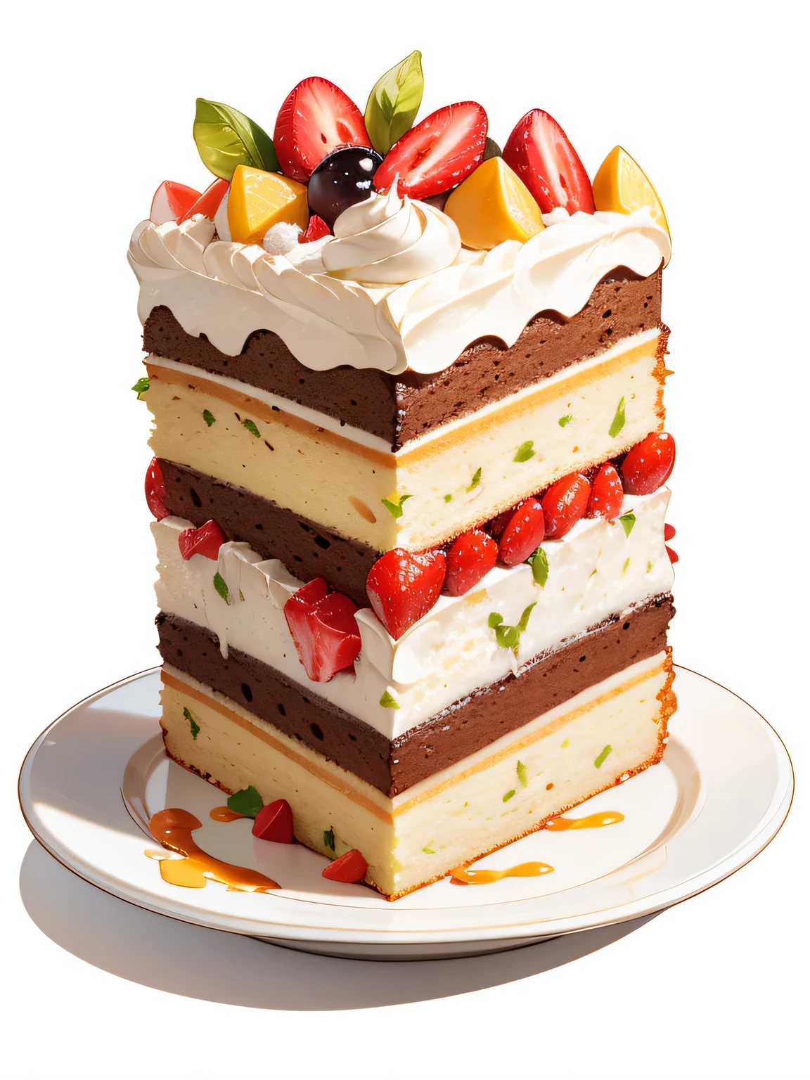 2 pieces of cake, clear plate, white background, vegetable salad