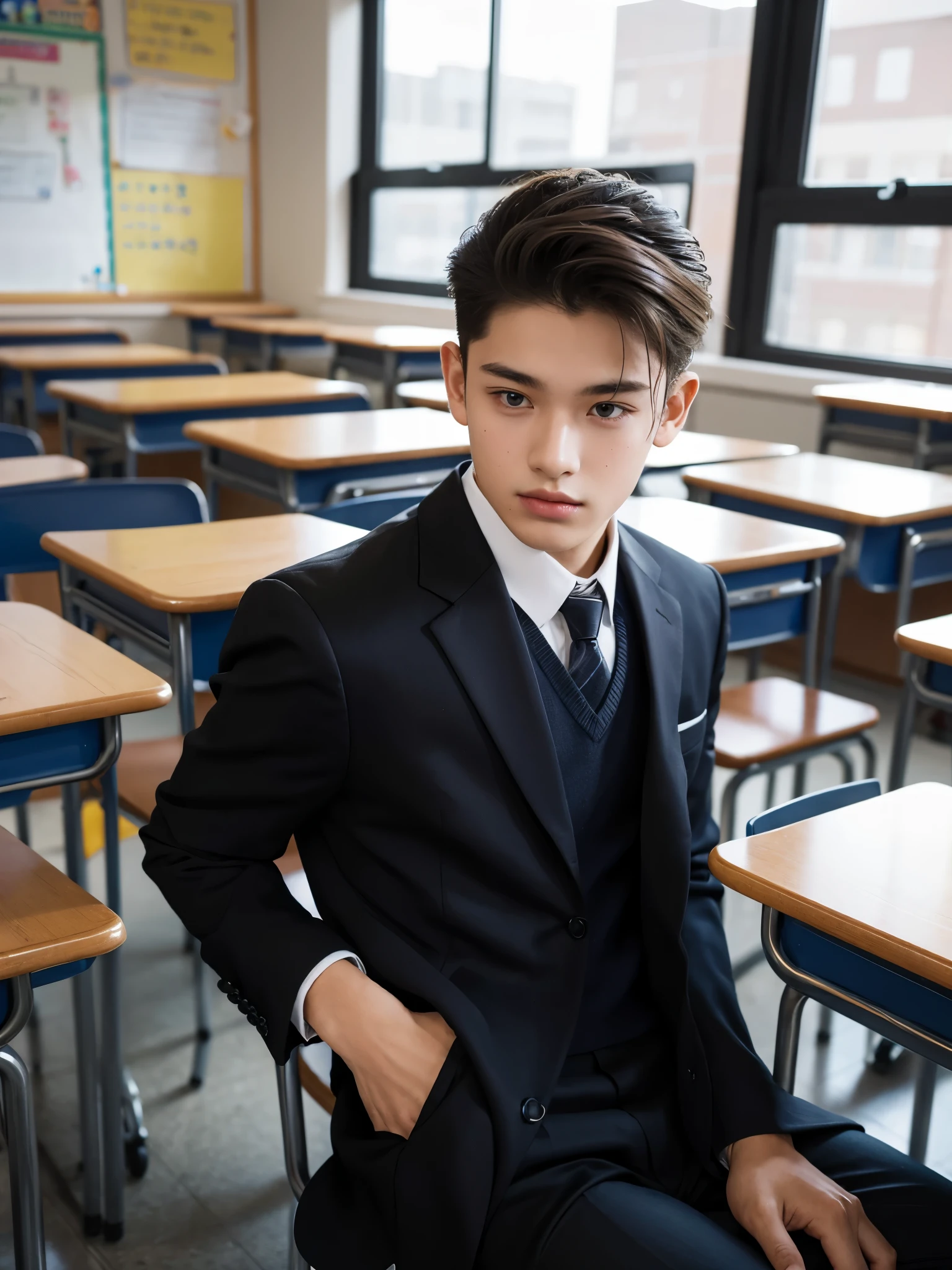 boy, 17 y.o, handsome, slick back, school, classroom