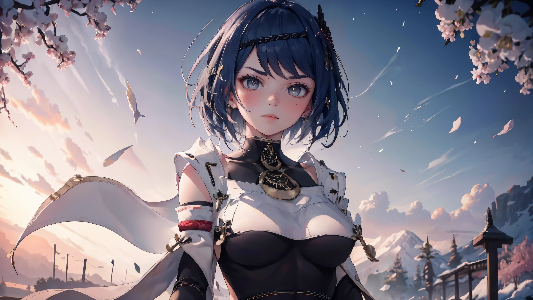 Kujou Sara|Genshin Impact, ((best quality)), ((Masterpiece)), (details:1.4),(Tiny micro bikini in mesh material..), large breasts, Beautiful cyberpunk woman portrait,HDR(high dynamic range),Ray traching,NVIDIA RTX,high resolution,Illusion 5,Sub-surface scattering,PBR surface,After the process,Anisotropy filtering,Maximum depth of field and sharpness of every surface layer,Albedo and Specular Maps,Surface Color Adjustment - Accurate simulation of material interactions.,Perfectly proportioned,Display with octane number,Two-color light,large aperture,Low ISO value,white balance,The Three Rules、8K raw data、Beautiful bright blue pupils,Off-the-shoulder cloth student,Delicate face and eyes,Long eyelashes,Blush,Hair is delicate and soft.,pink lips,pure,Cute face,Sweet Girl,Artistic sense,Casual wear,Advanced,butterfly,Cherry blossom petals,Beautiful hair accessories,long hair and waist,Hair blowing in the wind,Snow white fox ears,pinch,snow-white fluffy tail,