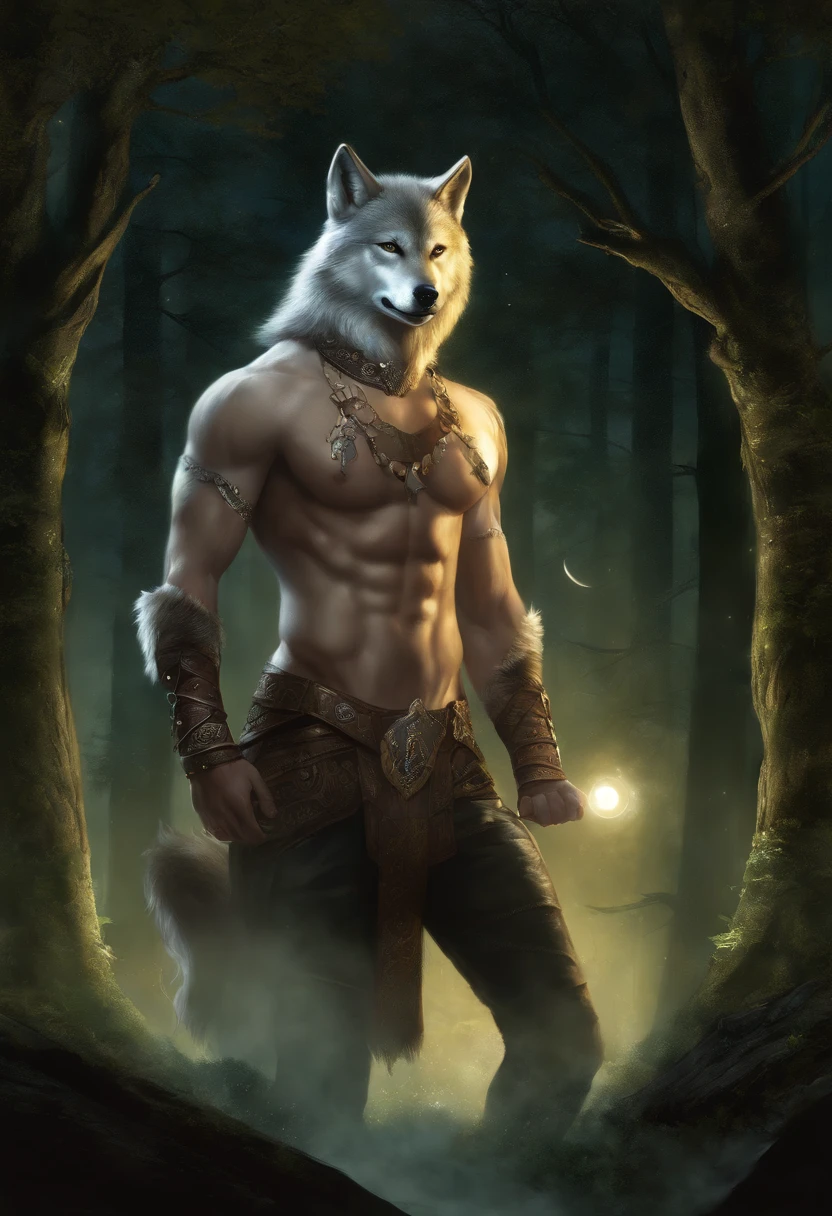 blaidd, in partial shadows, cape. 4k, high resolution, best quality, perfect colors, perfect shadows, perfect lighting, posted on e621, furry body, solo, male, adult, bare chest, masculine, (very muscular, buff, heavyweight, strong chest:1.2), correct anatomy, (photorealistic fur, detailed fur, epic, masterpiece:1.2), (dark fantasy world background, trees, black sky, night, cold), (by Taran Fiddler, by Chunie, by Rukis, by wfa:1.2), (black leather underwear, belts:1.2), (detailed eyes, purple eyes:1.2), (half body:1.2), serious face, strong, (large scars on body:1.1), (veins, vascular:1.2), proud, soft shadows, (one arm behind head, one hand behind head:1.1), sexy pose, looking at viewer, messy fur, speaking mouth