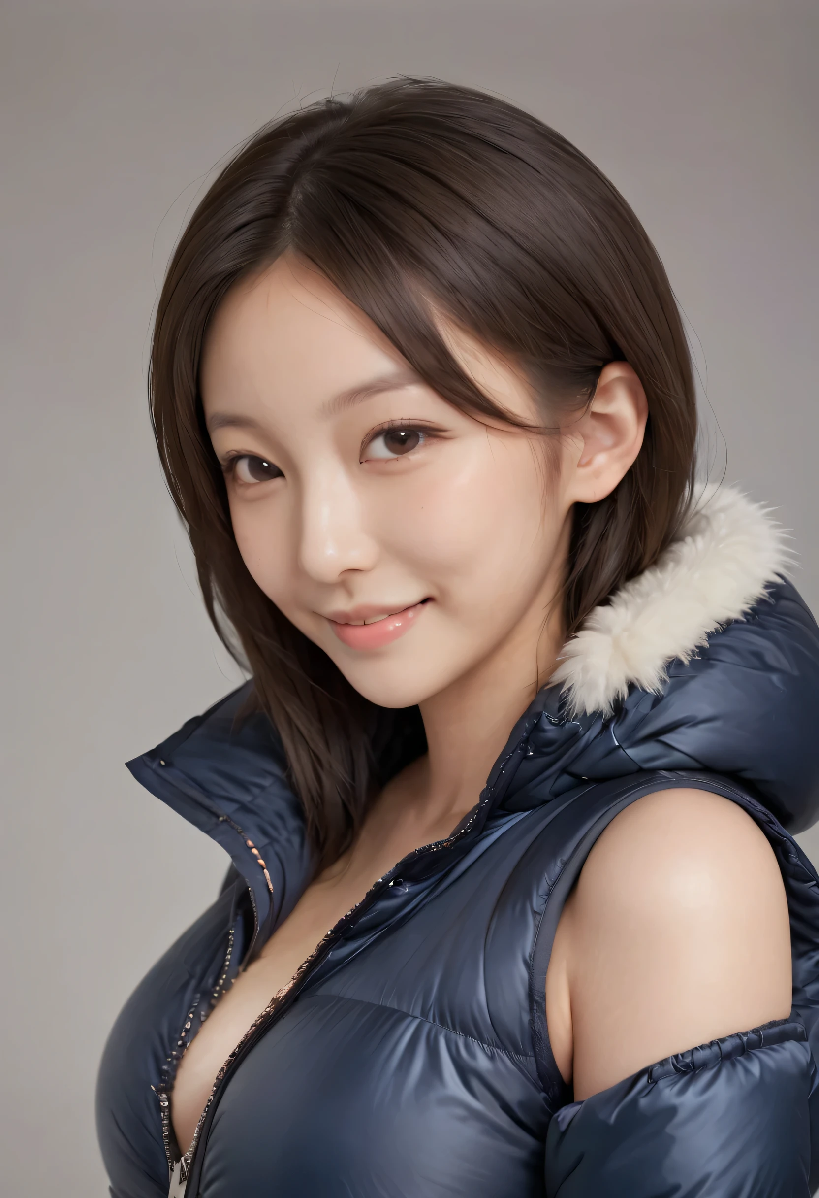 ((best quality)), ((masterpiece)), (detailed), perfect face, beautiful  Japanese woman, silk tight  moncler puffer coat, seductive, face and body focus, smiling, happy,  curvy figure, tight puffer coat, fur hood, large breasts, thick bra straps