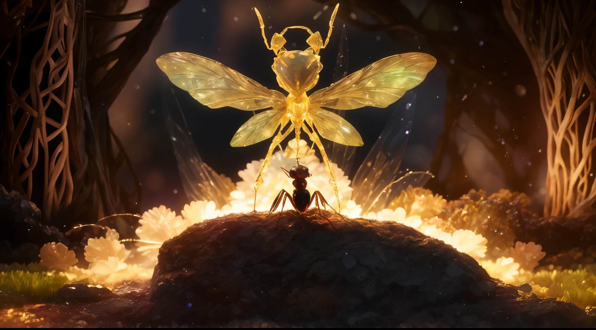 Crystal Ant,crystal wings, fantasy, galaxy, clean, shiny, shiny, splendor, rich and colorful, amazing cinematography, dramatic lighting, photorealism, Super detailed, 4K, depth of field, high resolution
