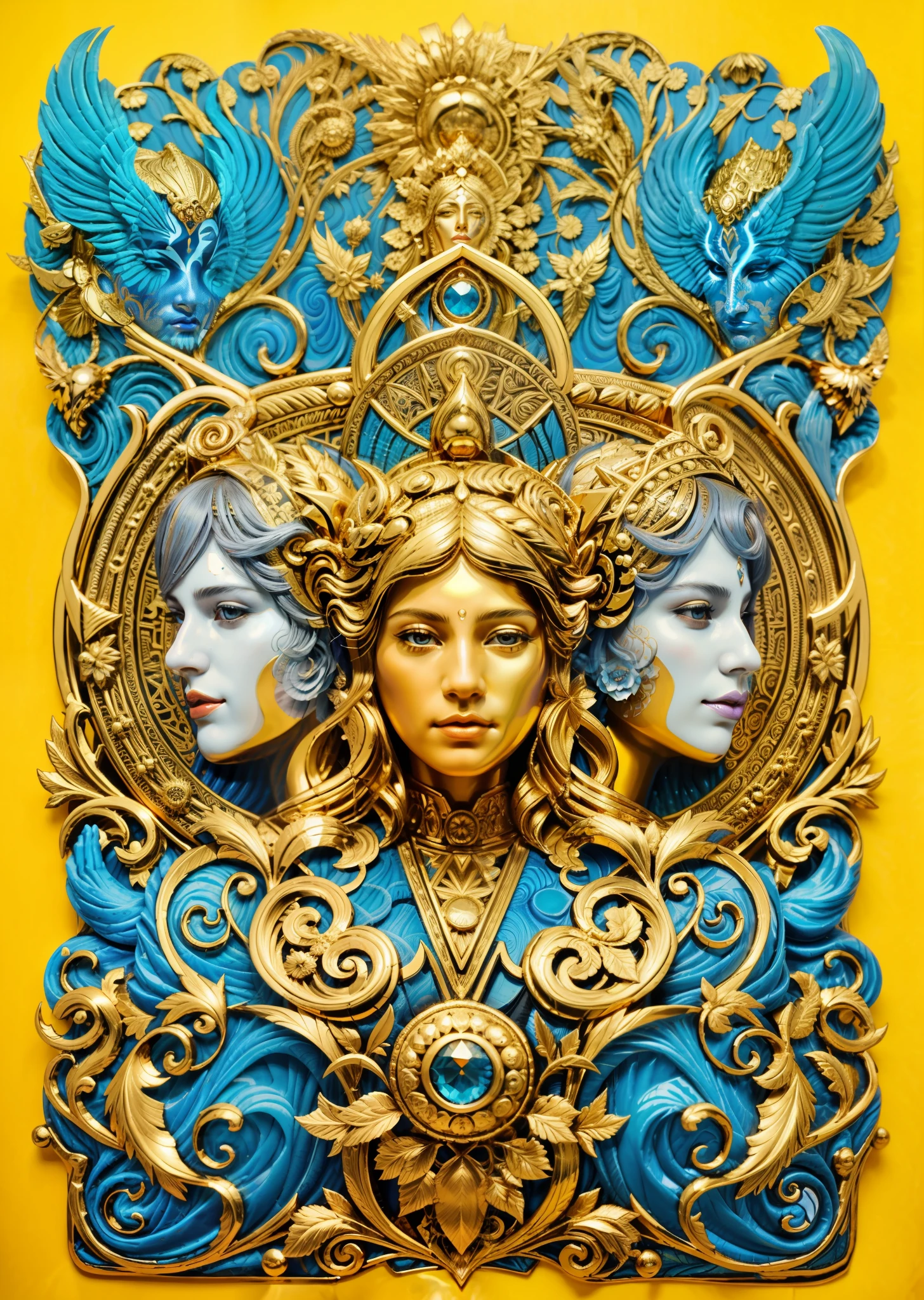 Portrait of two women with blue and gold faces., Dan Mumford and Alex Gray Style, goddess. Very high detail, Beautiful Gemini good and evil, Paintings by Dan Mumford, The art of hyper-detailed vision, Anton Fadif and Dan Mumford, goddess art, Visionary art with too much detail., By Tomek Cetowski, งานsymmetrical art, symmetrical art, luxury art