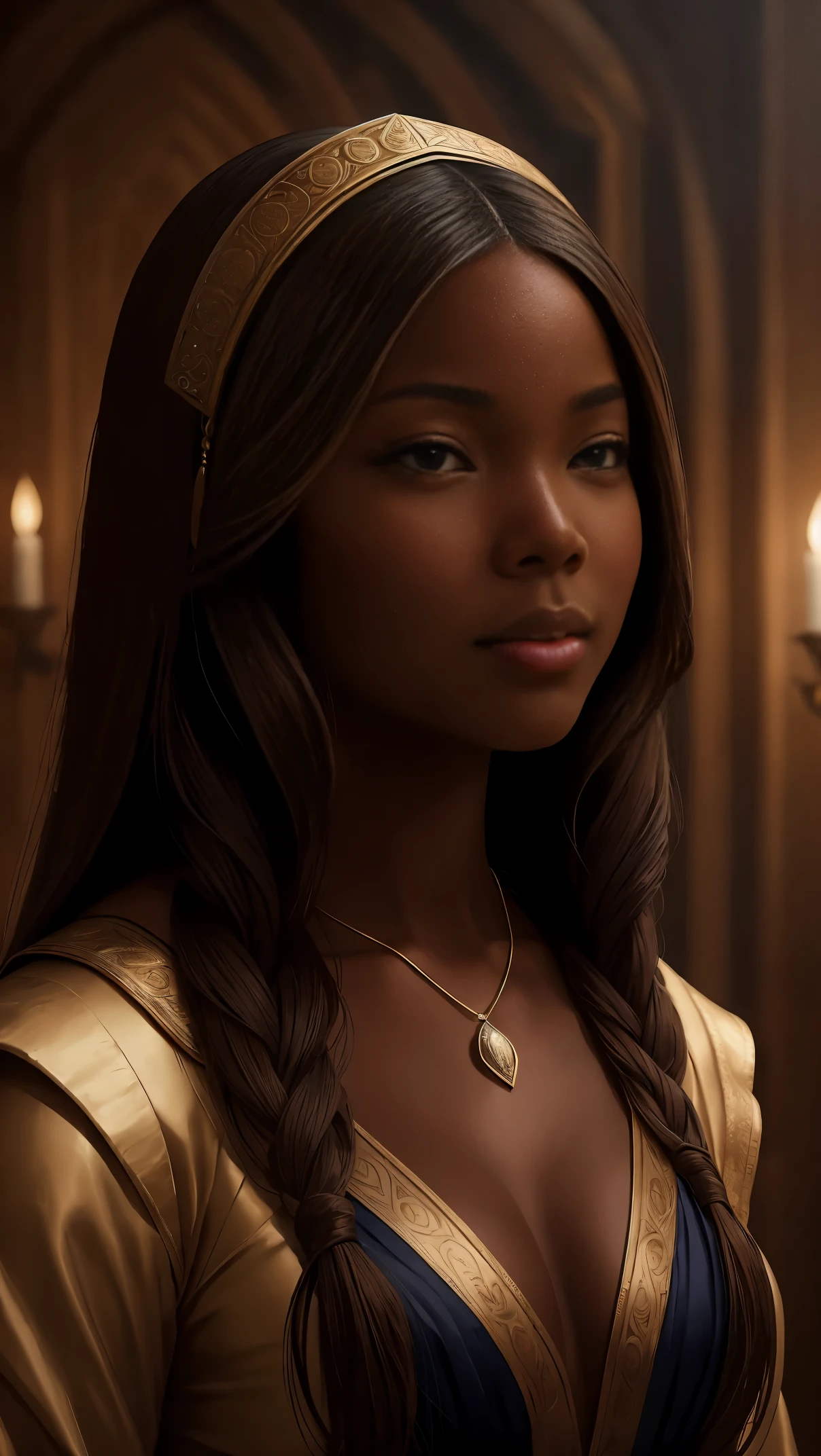 oil painting by Leonardo da Vinci, realistic portrait, closeup face of Gabrielle Union with dark skin, ebony nose, long hair, her brown eyes are sweet and vibrant, her face symmetrical, rich coffee brown skin, soft torch luminosity on the face by REMBRADT, Adobe Illustration, Trending on Artstation, 8K, hd, cinematic, masterpiece, magnificent art, best quality, romanticism style, Renaissance period 